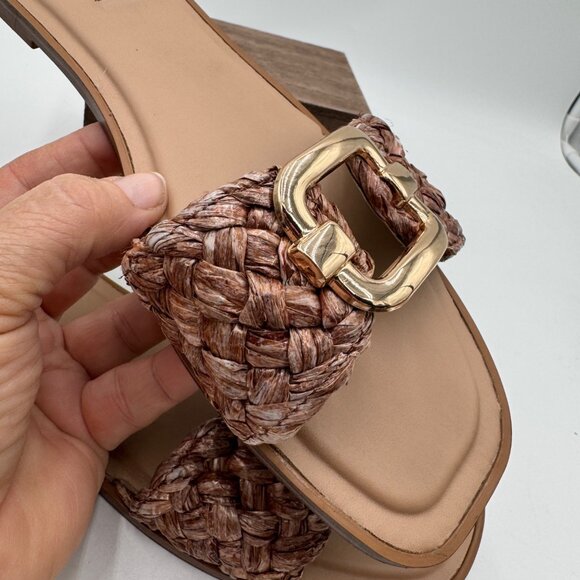 Steve Madden Women's Tan and Brown Sandals raffia fabric woven gold tone large b - Picture 6 of 13
